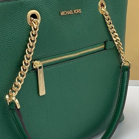 Michael Kors Jet Set Item Medium Front Pocket Shoulder Chain Tote JEWEL GREEN
